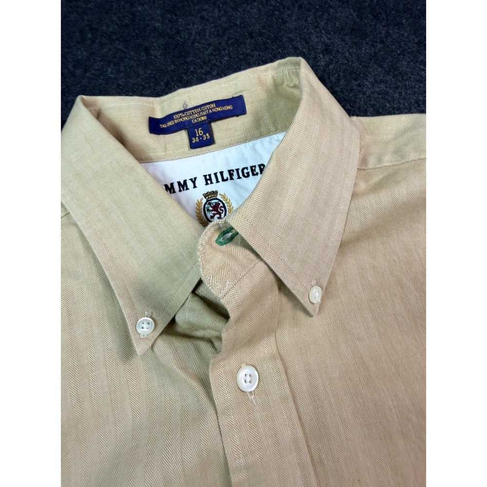 Tommy Hilfiger Mens Tan Herringbone Cotton Button Down Shirt Size 16 34-35
